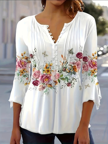 Leichte Damenbluse mit Blumenmuster & V-Ausschnitt