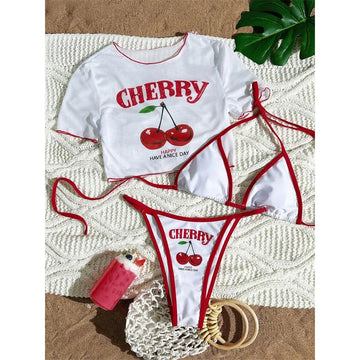 XS - L Cherry Printed Short Sleeve Bikini Female Swimsuit Women Swimwear Three-piece Bikini set Bather Bathing Suit Swim