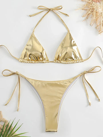 Sexy Metallic-Halter-Bikini-Set