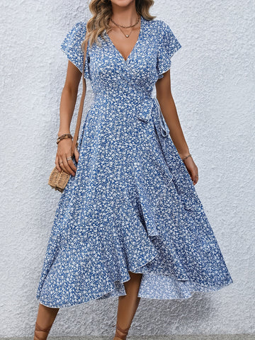 Floral Wickelkleid mit V-Ausschnitt & Rüschen, Sommer-Style