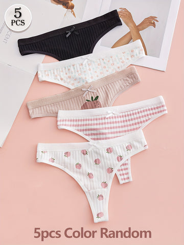 5er Pack Süße Damen-Tangas – Weich, Dehnbar & Mit Erdbeer-Print