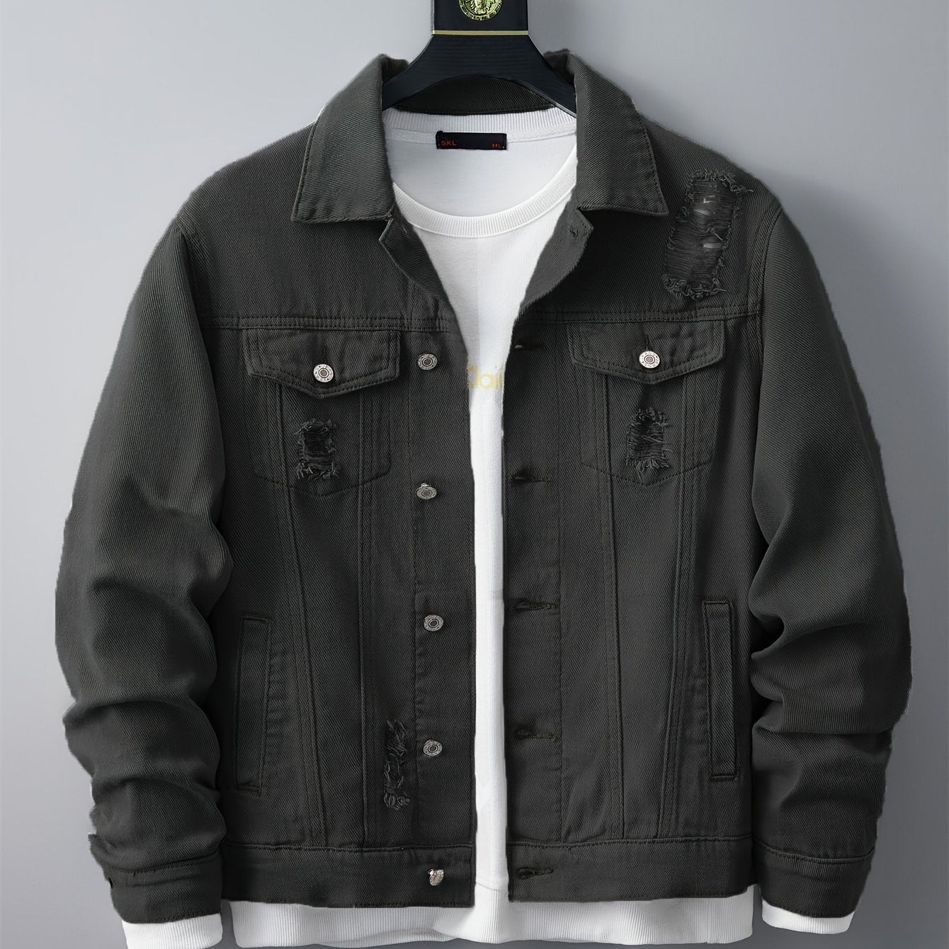 Denim Herrenjacke – Zerrissenes Design mit Taschen & Kragen