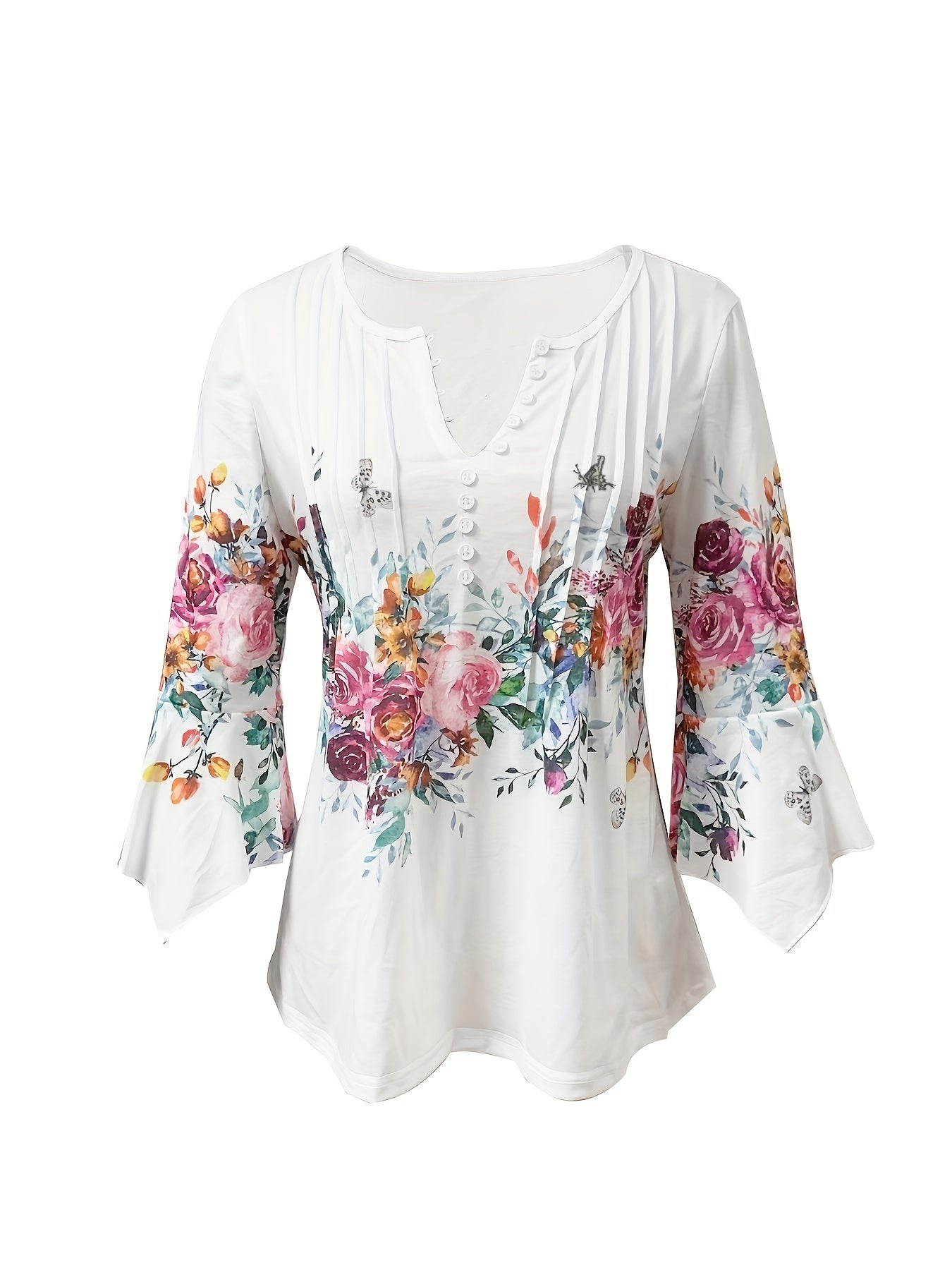 Leichte Damenbluse mit Blumenmuster & V-Ausschnitt