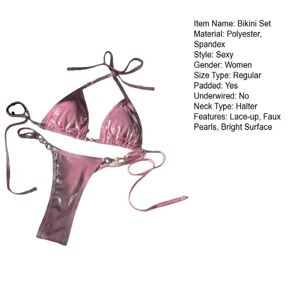 Glänzendes Halterneck-Schnürbikini-Set mit String
