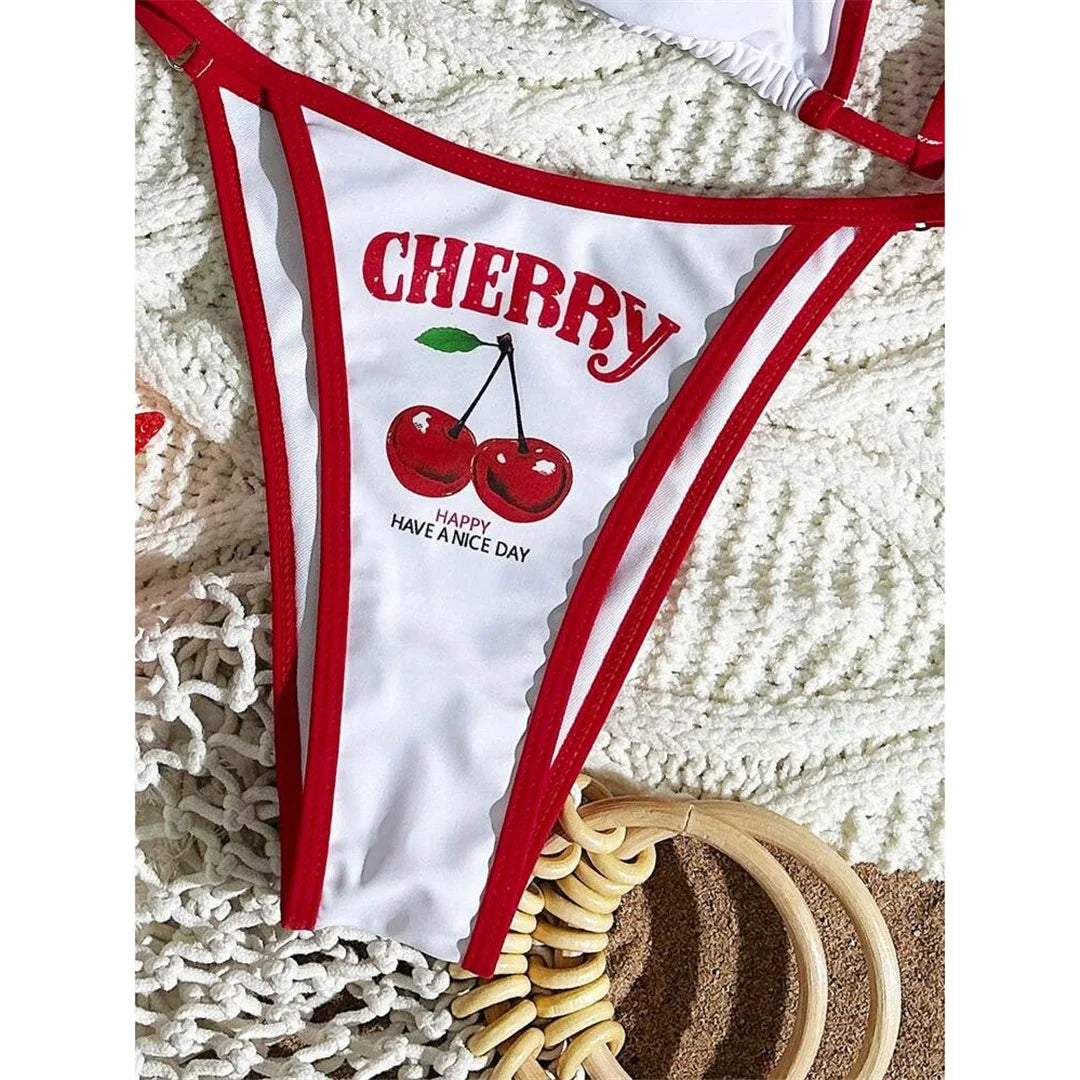 XS - L Cherry Printed Short Sleeve Bikini Female Swimsuit Women Swimwear Three-piece Bikini set Bather Bathing Suit Swim