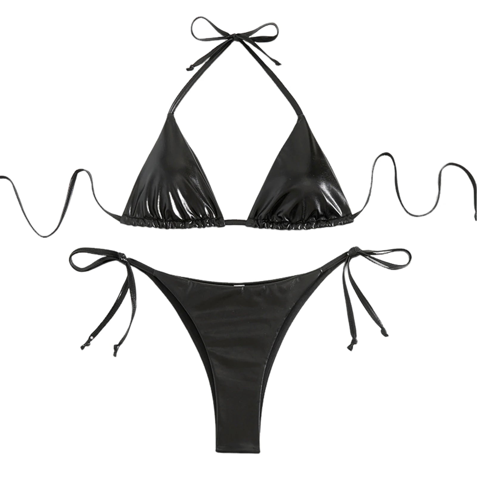 Glänzendes Halterneck-Schnürbikini-Set mit String