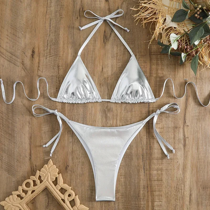Sexy Metallic-Halter-Bikini-Set