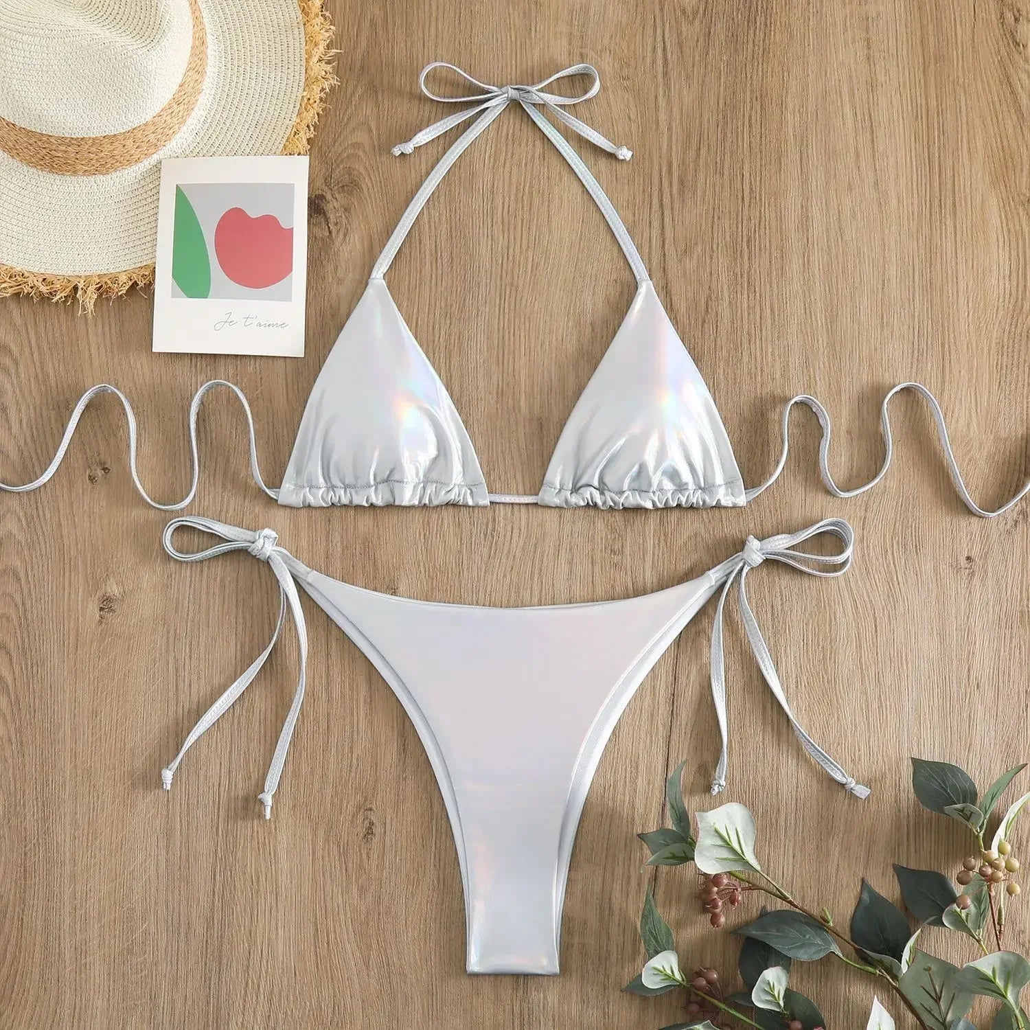 Sexy Metallic-Halter-Bikini-Set