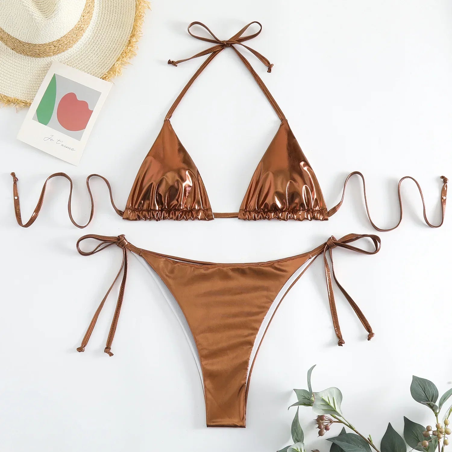 Sexy Metallic-Halter-Bikini-Set