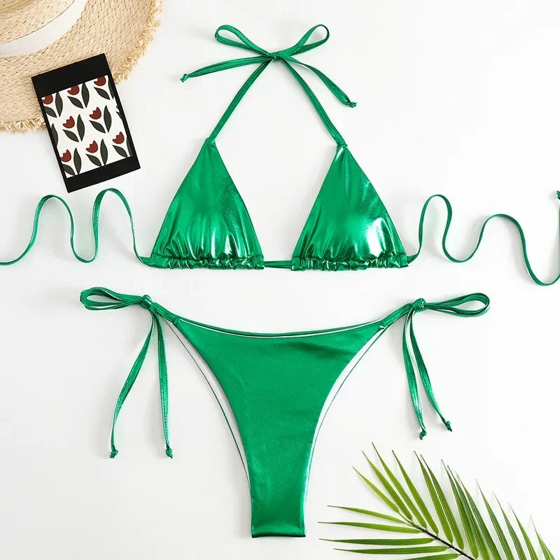 Sexy Metallic-Halter-Bikini-Set