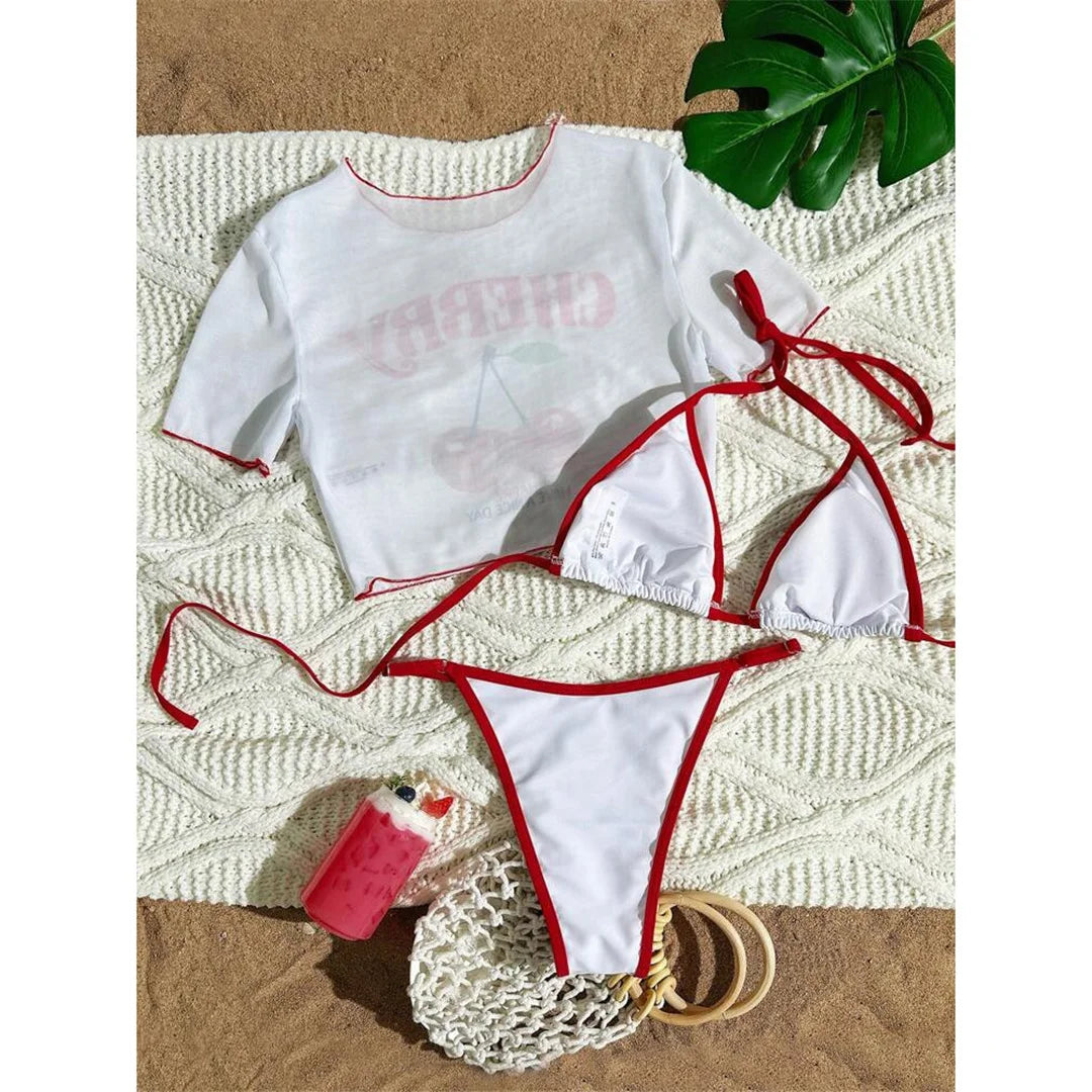 XS - L Cherry Printed Short Sleeve Bikini Female Swimsuit Women Swimwear Three-piece Bikini set Bather Bathing Suit Swim