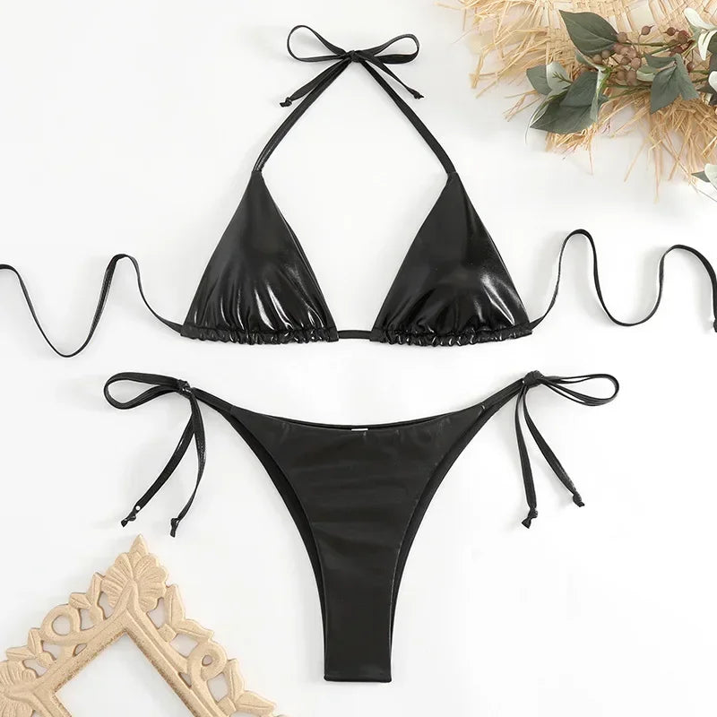 Sexy Metallic-Halter-Bikini-Set