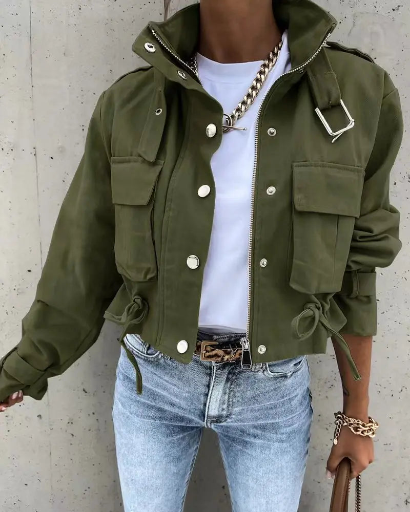 Damen Übergangsjacke – Eleganter Slim Fit Mantel mit Rundhalsausschnitt, Knopfverschluss & Taschen | Streetwear für Herbst & Winter