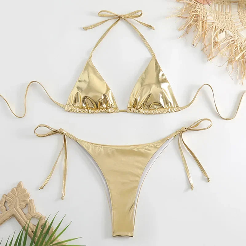 Sexy Metallic-Halter-Bikini-Set