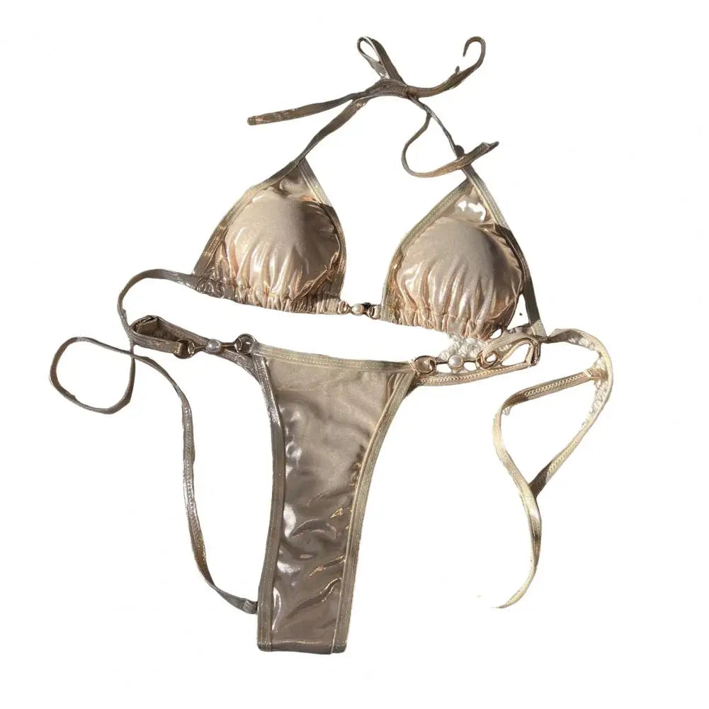 Glänzendes Halterneck-Schnürbikini-Set mit String