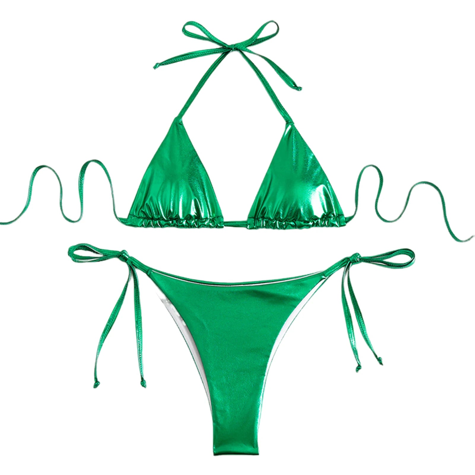 Glänzendes Halterneck-Schnürbikini-Set mit String