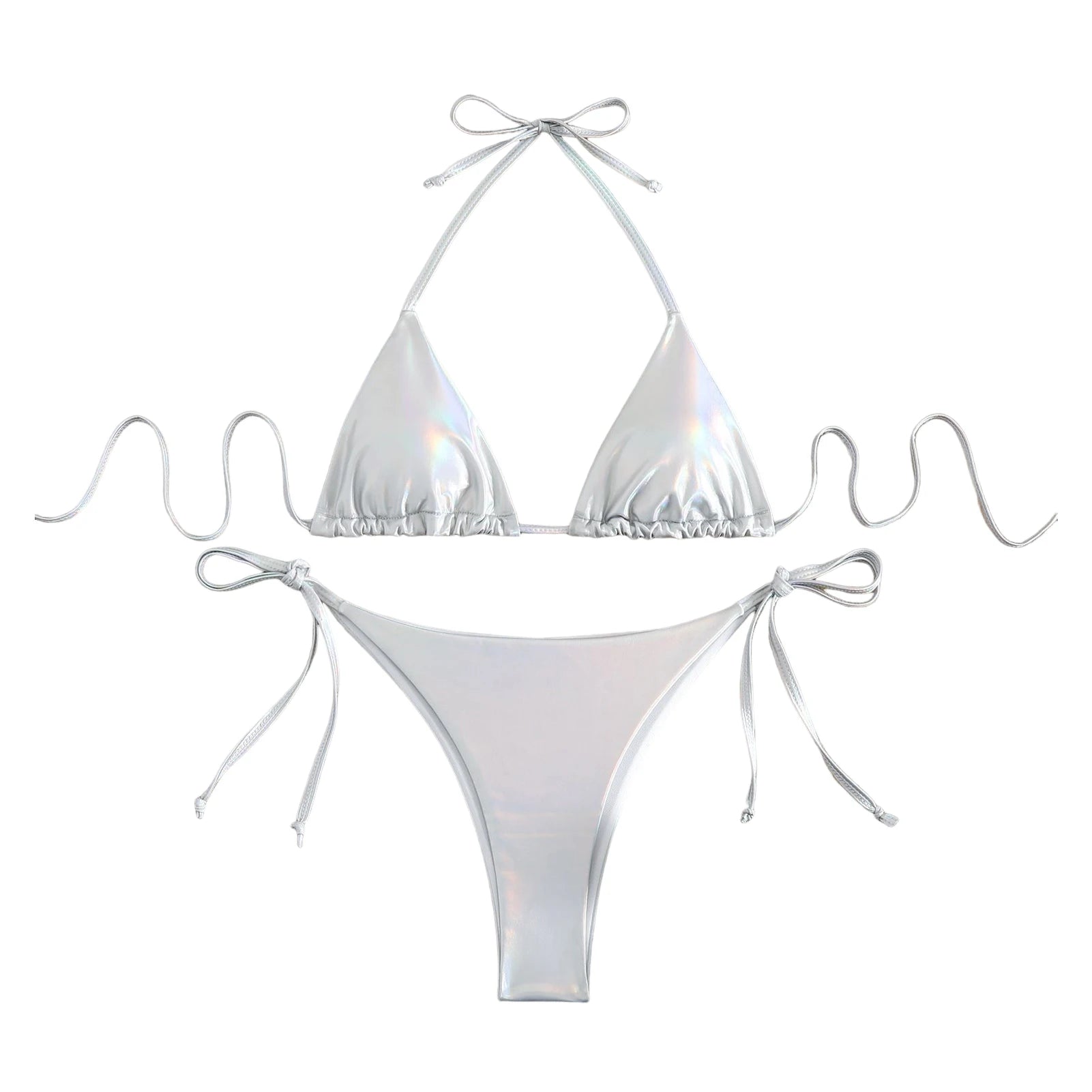 Glänzendes Halterneck-Schnürbikini-Set mit String