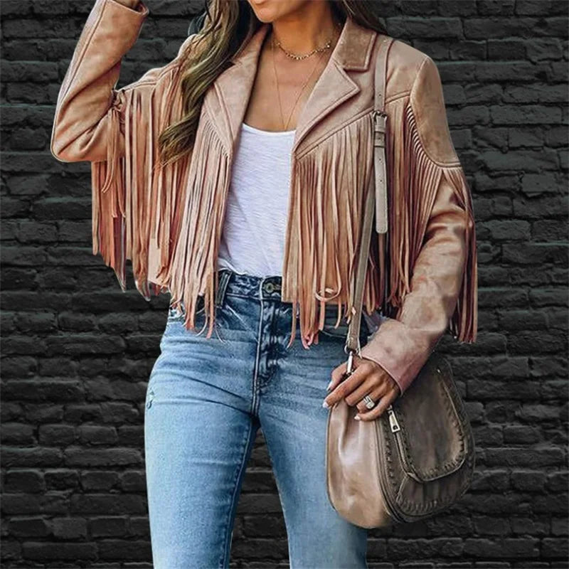 Vintage-Jacke mit Reverskragen & Fransen