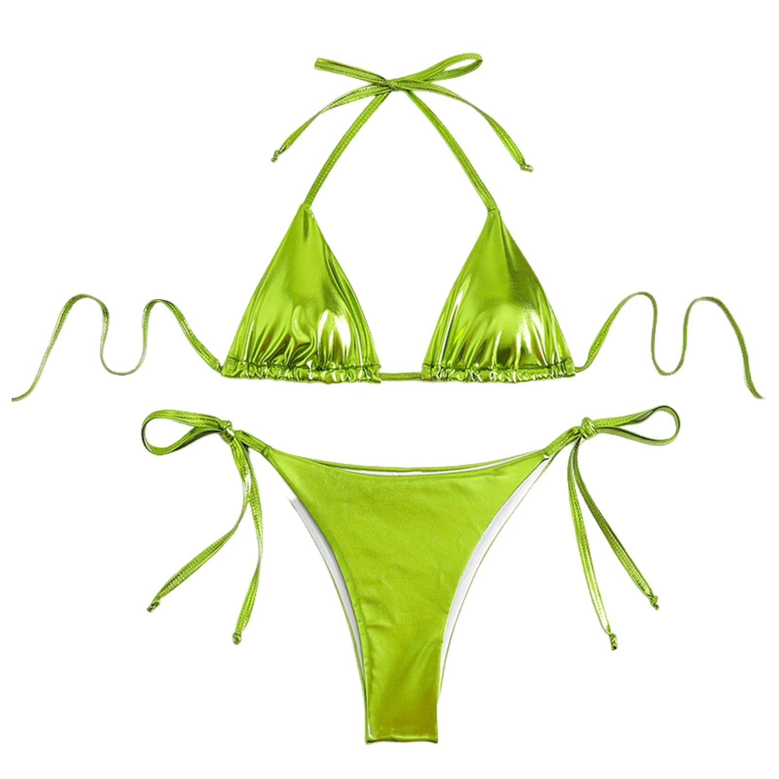 Glänzendes Halterneck-Schnürbikini-Set mit String