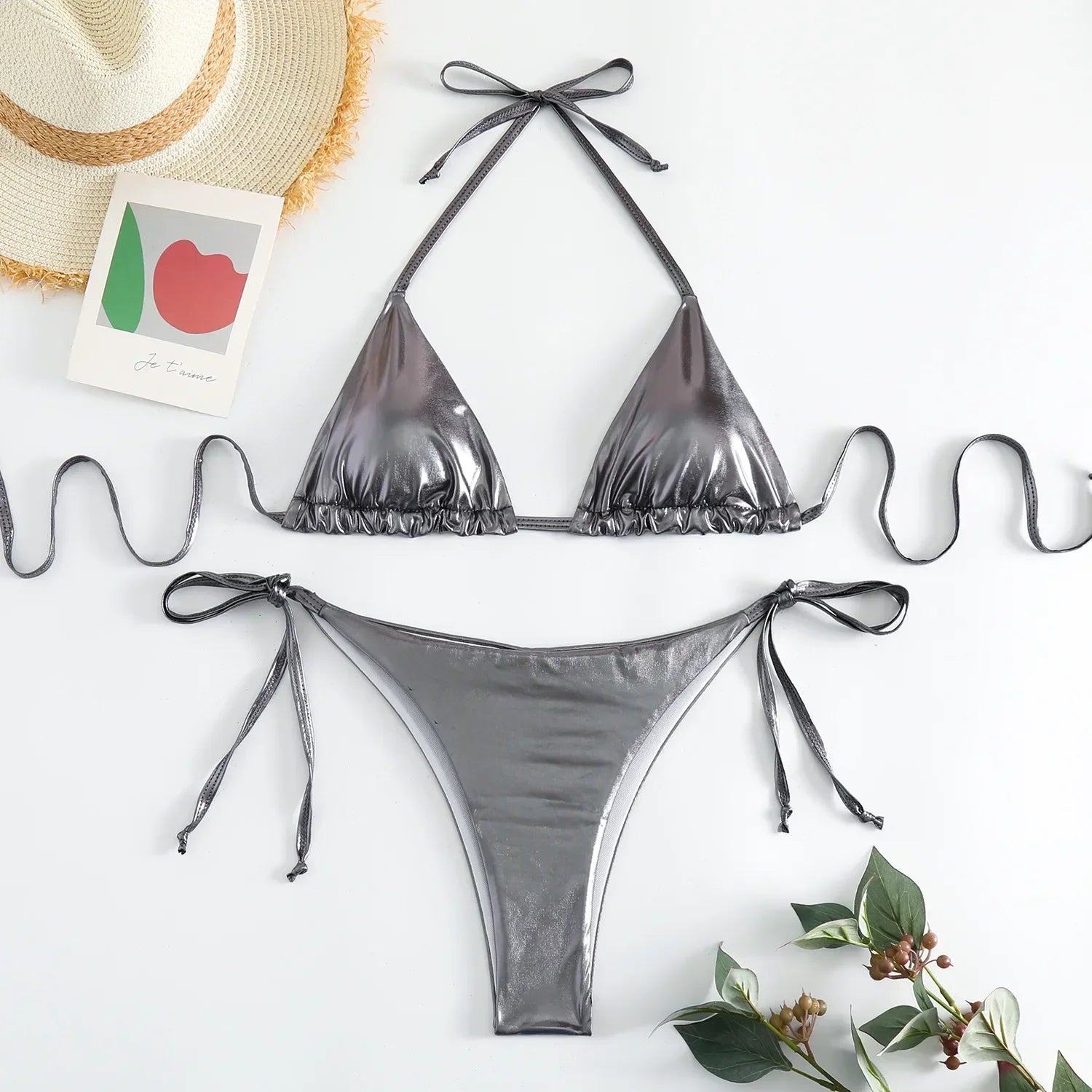 Sexy Metallic-Halter-Bikini-Set