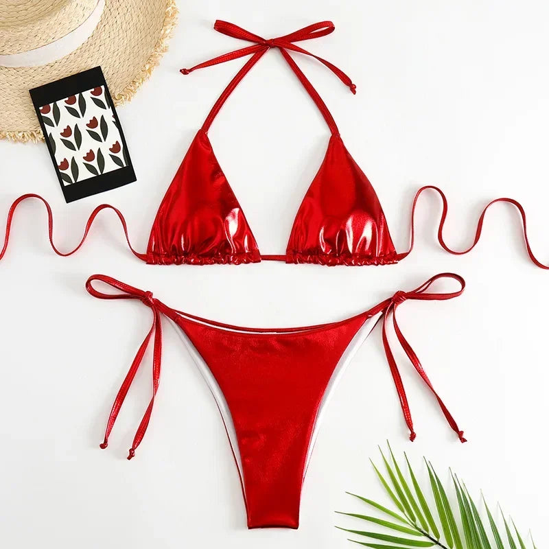 Sexy Metallic-Halter-Bikini-Set