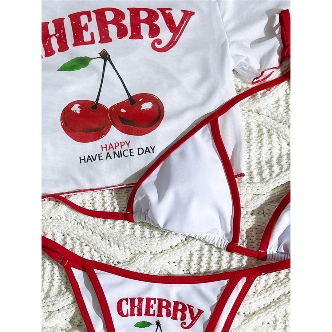 XS - L Cherry Printed Short Sleeve Bikini Female Swimsuit Women Swimwear Three-piece Bikini set Bather Bathing Suit Swim