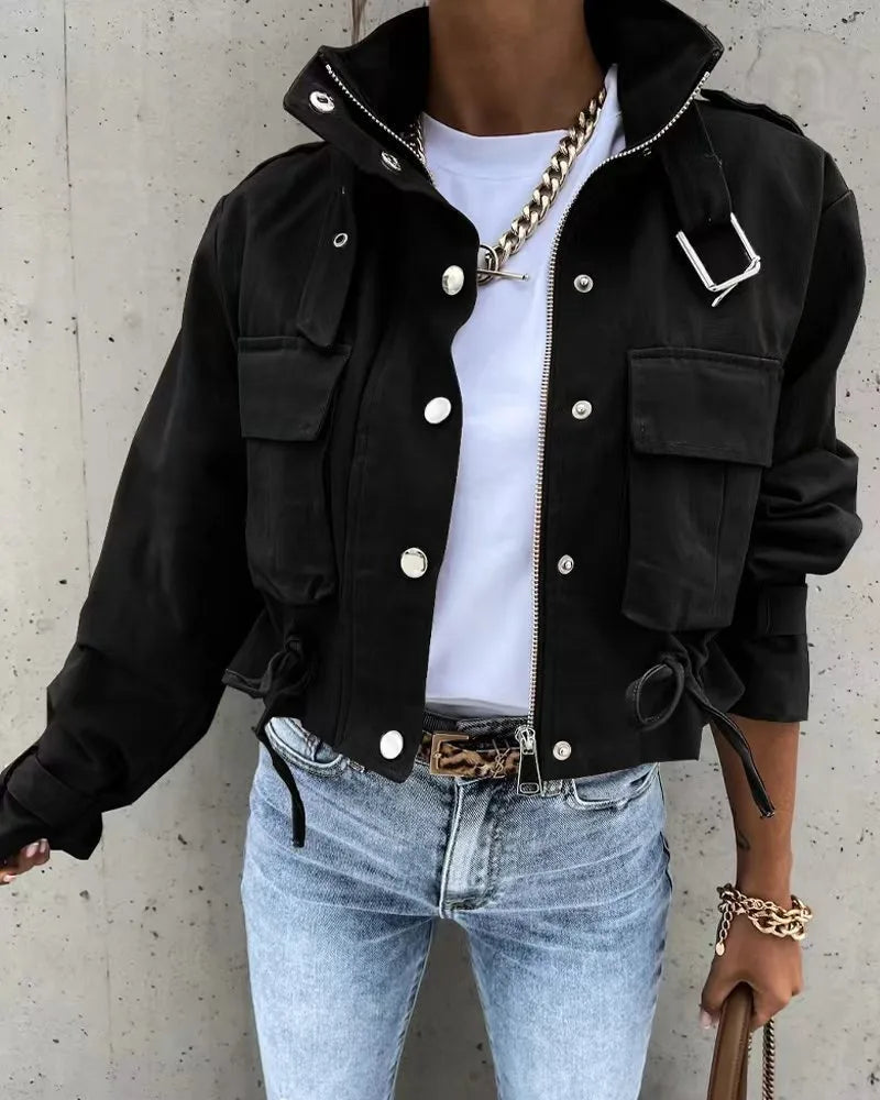 Damen Übergangsjacke – Eleganter Slim Fit Mantel mit Rundhalsausschnitt, Knopfverschluss & Taschen | Streetwear für Herbst & Winter