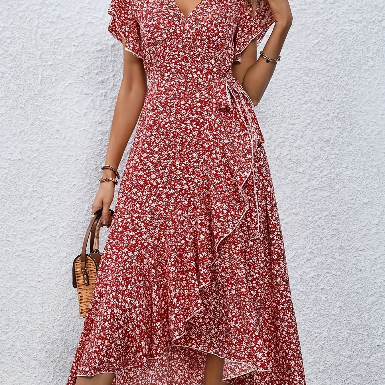 Floral Wickelkleid mit V-Ausschnitt & Rüschen, Sommer-Style