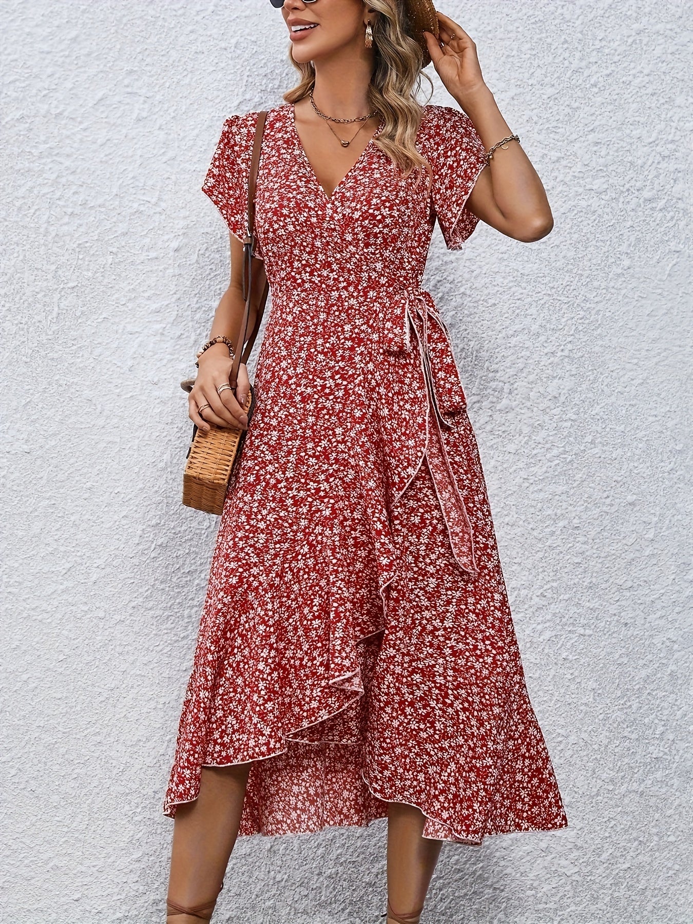 Floral Wickelkleid mit V-Ausschnitt & Rüschen, Sommer-Style