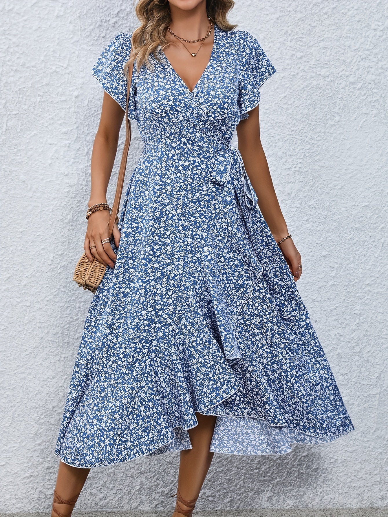 Floral Wickelkleid mit V-Ausschnitt & Rüschen, Sommer-Style