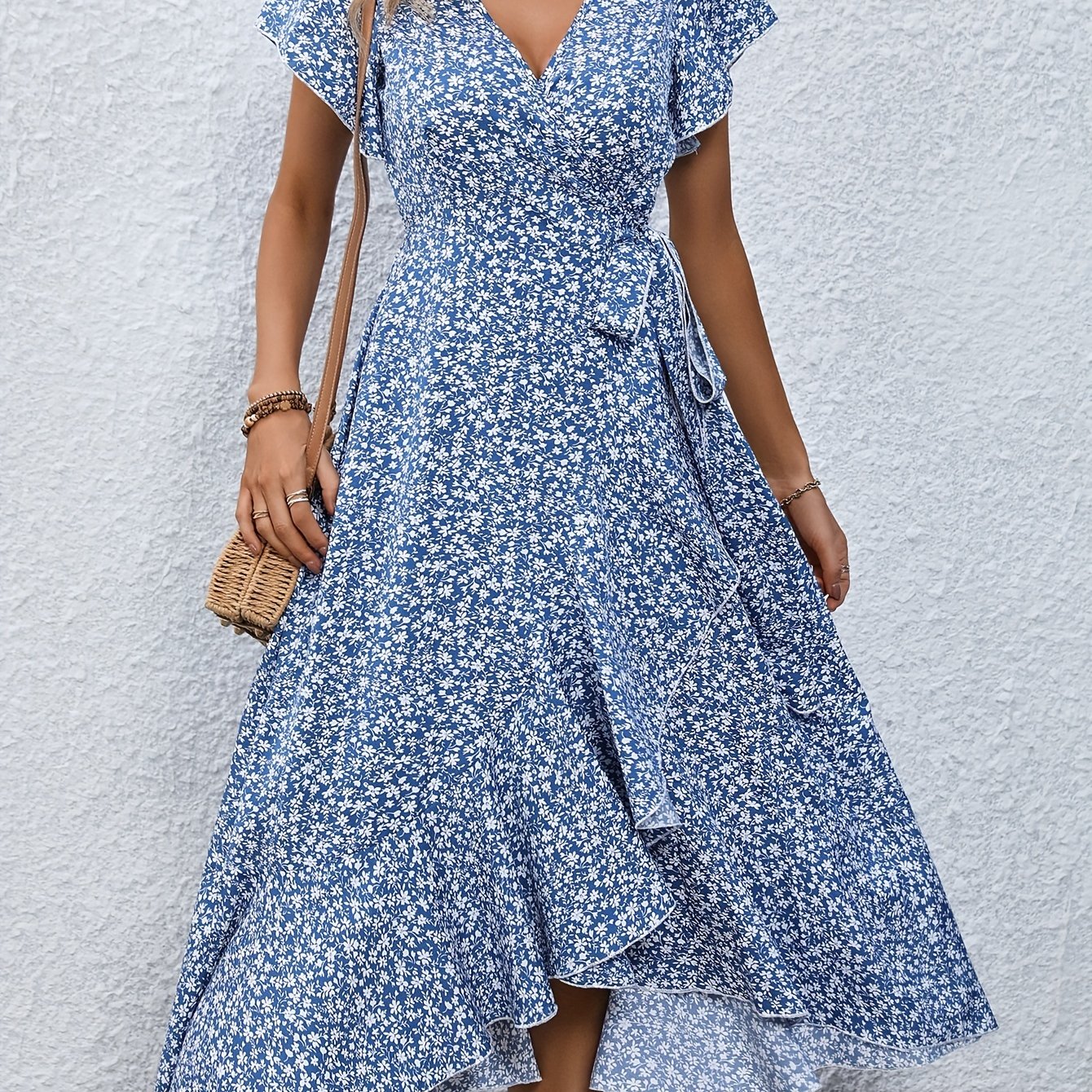 Floral Wickelkleid mit V-Ausschnitt & Rüschen, Sommer-Style